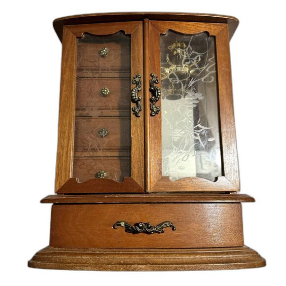 Vintage Other - Vintage Jewelry Wood Music Box Etched Floral Glass Doors Mirror 5"x10"x12"